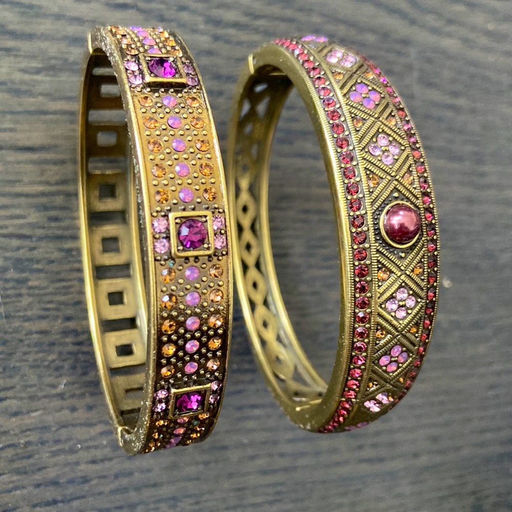 Beautiful Heidi Daus Bangles (Pair) Purple Stones on Antiqued Gold Bracelet